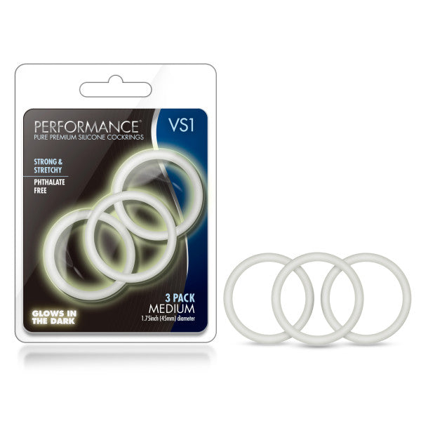 Performance VS1 Pure Premium Silicone Cockrings - Glow In Dark Medium Cock Rings - Set of 3