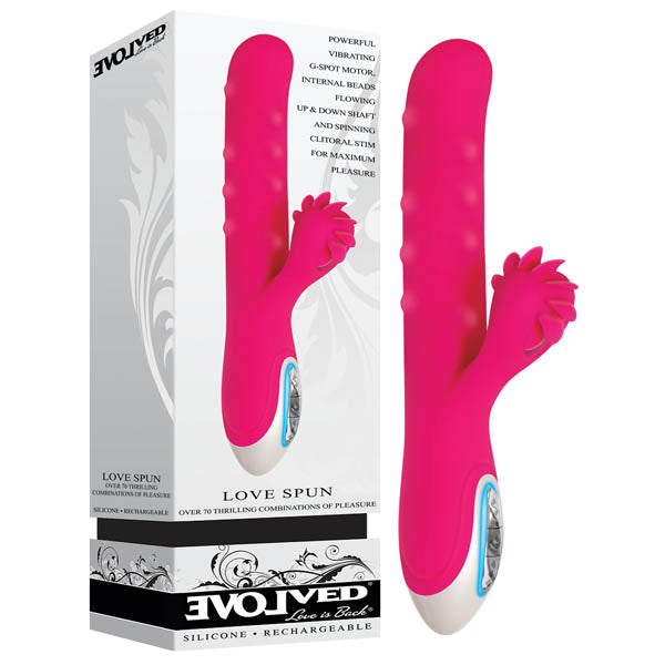 Love Spun - Pink 23.5 cm (9.5'') USB Rechargeable Vibrator with Beaded Shaft & Rotating Clit Flicker