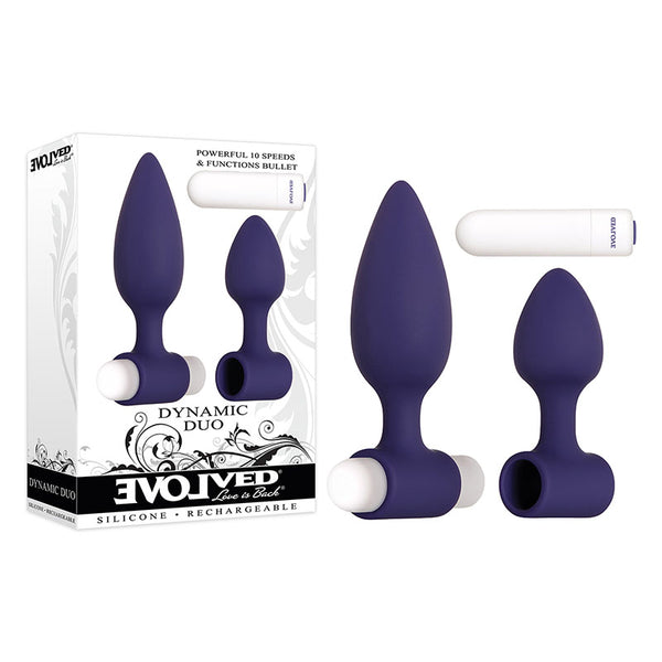 Evolved Dynamic Duo - Navy Blue Silicone Butt Plugs with USB Rechargeable Bullet