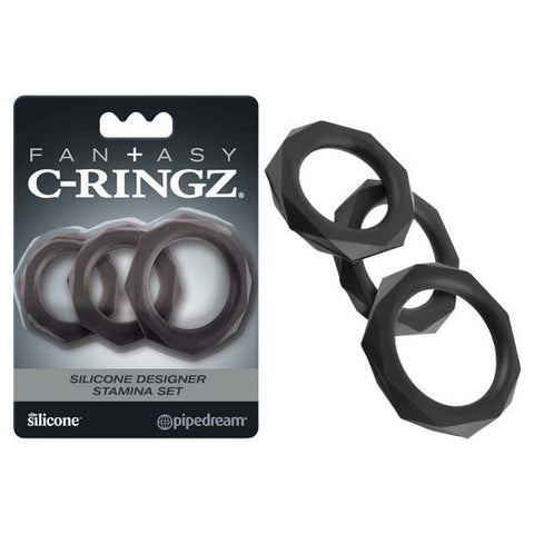 Fantasy C-Ringz Silicone Designer Stamina Set - Black Cock Rings - Set of 3 Sizes