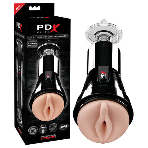 PDX Elite Cock Compressor Vibrating Stroker - Flesh USB Rechargeable Vibrating Pussy Stroker with Suction Base